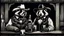 Placeholder: Anthropomorphic American badger wearing a cowboy hat and having a whiskey at the saloon with his other anthropomorphic animal buddies. Etching.
