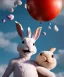 Placeholder: Ultra realistic speed clouds sky scene, wide angle view, childs falling down with many Childs background, rabbit head, inflatable monsters, circus dress style, feather color, free jumping flying, many trinkets, hair monster, many jelly beans, balls, color smoke, smile, happy, extreme, wind, clouds sea, 20,000 feet altitude, stratosphere, soft color, highly detailed, unreal engine 5, ray tracing, RTX, lumen lighting, ultra detail, volumetric lighting, 3d, finely drawn, high definition.