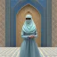 Placeholder: woman in flowing, white burka walking in front of a mosque with blue, green, gold mosaic walls, profile, wide-angle lens, panoramic, high-quality, fine-detail, intricate, ornate, volumetric lighting, 8k resolution, haunting, powerful, photo-realistic, 3d render, photo-quality, high-quality