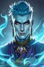 Placeholder: Adult light blue skinned male air genasi monk from dungeons and dragons, sky blue medium hair undercut, wind like elemental aura, mid 30's, muscular with elegant heavily embellished purple monk apparel, thin green metal religious necklace and heavy bracelets with pink diamonds and light blue jade stones, round grey blue eyes, human with godlike features, comic book style, wind like hair see through, full body baby blue skin, bright colored religious tattoos, powering up wind attack.