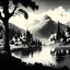 Placeholder: Beautiful village, mountains, trees, lake, illustration, black and white. Hd.