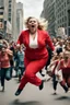 Placeholder: an obese terrified blonde woman in a red pant suit desperately running away from an angry mob of hundreds of people chasing her from a city block behind