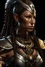 Placeholder: female kalashtar from dungeons and dragons, barbarian class from dungeons and dragons, long and dark hair bound in intricate braids, bronze skin, amber eyes flecked with silver, armor adorned with trophies and tokens such as furs, bones, feathers, and intricate tattoos, realistic, digital art, high resolution, strong lighting