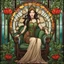 Placeholder: Stained Glass Art Nouveau art style A beautiful as a model asian woodland elf princess who looks like a young Lucy Liu seated on a throne surrounded by poppies and marijuana leaves in a mystical forest, photo-realistic