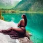 Placeholder: a sensual fantasy adventurer woman resting near a lake in the mountains