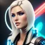 Placeholder: A beautiful portrait of a cute blond cyberpunk woman, high key lighting, volumetric light high details with white stripes and feathers and blue celtic paterns and helmet