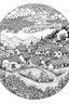 Placeholder: b/w coloring page. village on valley landscape. white background. mandala style