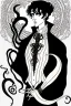 Placeholder: black haired young man necromancer wizard with gothic jewelry and tentacle fingers in the style of Aubrey Beardsley