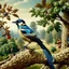 Placeholder: Wildlife painting in the style of Charles Tunnicliffe, showing a European Jay, perched upon the branch of a tree in the English countryside. Modifiers: oil on canvas Art Nouveau 1950s style oil on canvas wildlife art Charles Tunnicliffe ladybird books Art Nouveau oil on canvas oil on canvas