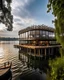 Placeholder: extreme restaurant with modern design, located in a lake, it must make people feel intrigued to go into that restaurant