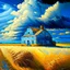 Placeholder: farmhouse and barn with a ripe wheat field next to it. The ears of corn bend in the wind, the sky is bright blue with lovely fluffy clouds. Modifiers: fantasy oil on canvas beautiful high detail ultra detailed crisp quality Guido Borelli da Caluso Leonid Afremov Alex Alemany Sherry Akrami © Crystaldelic