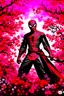 Placeholder: Spider-Man in black and red kimono background the pink Sakura tree