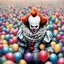 Placeholder: 50mm Cinematic intricate photograph, Pennywise the clown from IT movie, big head, (an evil bloodthirsty grin on face), ((sharp teeth)), standing, partially surrounded by balloons, creepy light and atmosphere of horror and fear around, highest details, Nima Neemz Nakhshab movie poster