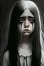 Placeholder: A young girl with long black and white hair with brown eyes, black and white dress, who is crying