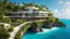 Placeholder: award winning cinematic photography of delightful summer day dreamy luxury home exterior design on a top of a cliff at the Maldives beach, fences safe for child and pets, natural cascade waterfall. Incredibly detailed, ultra high resolution, 8k, great depth of field, clear images, beautiful light, warm light, sharp edges