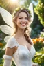 Placeholder: A hyper-realistic photo, smiling fairy lady in a garden ,Sun Light, Shiny Simple White Costumei, full portrait, glamorous, 64K, hyperrealistic, vivid colors, (glow effects:1.2) , 4K ultra detail, , real photo, Realistic Elements, Captured In Infinite Ultra-High-Definition Image Quality And Rendering, Hyperrealism, real world, in real life, realism, HD Quality, 8k resolution, , real photo, 8 k