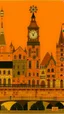 Placeholder: An orange colored town with a clock tower and a box girder bridge designed in German folk art painted by Paul Klee