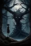 Placeholder: Dark forest background like from nightmares. A young boy climbed a huge tree with a twisted trunk that grew horizontally. The bark is old and full of splinters. Before the boy, amidst the branches, a vision from a nightmare unfolds. A figure resembling a monstrous tree-man with a frozen face. The monster-like figure holds a dying man resembling Jesus on its left side. Jesus's head droops onto the monster's left shoulder, with many splinters protruding only from Jesus's neck. Jesus is dying.