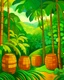 Placeholder: A green jungle with wooden barrels painted by Paul Ranson