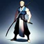 Placeholder: Character portrait, full body pose, Human male, symmetrical eyes, German, blond, black hair bow, goatee on chin, no mustache, black pirate patch over left eye, blue eyes, muscular body, slim waist, long pants wide black, japanese katana, the blade of the katana and the color black, with the black blade, in fantasy medieval bar, high quality, D&D, painting, super detailed, 8k.