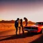 Placeholder: muscle car, man and woman kissing, desert road, sunset, full colour,