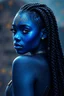 Placeholder: a beautiful young african woman with beautifully hyper-detailed blue face and a blue full body, hourglass figure, curvy hottie with gold and silver runes soft glowing on her skin, looking back over her shoulder, long black goddess braids hair, Android Jones, fantasy art, biopunk, cyberpunk art, field of depth, hyper-detailed, hyper-realistic.سايبورغ. صورة رائعة. تحسينات غنية بالألوان والإضاءة