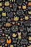 Placeholder: halloween pattern with black cats, bats, skeletons, and witches in a cartoon style