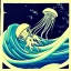 Placeholder: An astronaut floating in space surrounded by a halo of glowing jellyfish, done in the style of Hokusai's The Great Wave off Kanagawa