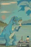 Placeholder: Eating a dinosaur by the lake in a Picasso style