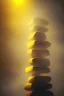 Placeholder: tower build of yellow stones misty trending, depth of field, backlit