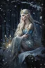 Placeholder: Elven princess,elven crown,long blonde golden hair,rapunzel hair,ice flowers,beautiful,light blue,dark blue,golden armor,sparkle,glitter,ice flowers,snow,elven ears,dark fairy princess