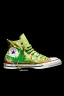 Placeholder: A red converse sneaker with weed leaves printed on the material, green, yellow and red colors