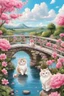 Placeholder: in the center: beautiful chunky cats dancing on a bridge , background: landscape, first plan: pink flowers and a small river with blue water, sky: white clouds with more cats sitting on them