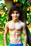 Placeholder: beautiful 12 year old arabic boy with long, curly hair and light blue eyes, smiling, shirtless, in front of a distant mango tree