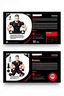 Placeholder: business card layout for a gym instructor, red and black, vector art with gym mechines, white background with email, address, phone number and Instagram icons