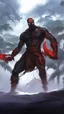 Placeholder: A close picture of Venom symbiote with kratos red tattoos and Clothes, holding blade of choice