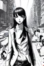 Placeholder: girl walk on the streets, manga style, line arts illustration