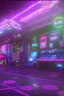 Placeholder: A dark photo of a full panoramic view an 80's aesthetics arcade at night, with a lot of functioning arcade machines, a vaporwave floor and some colorful tiles in between the floor. Purple aesthetics. Full panoramic view