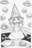 Placeholder: A little girl with a triangular party hat, enjoying a tea party with geometrically shaped cookies and cups. Use triangles for the hat, cookies, and other party decorations. very happy , Colloring page for todlliers ; basic hawali style cartoon , black and white , ink outlines , , smooth , anime style , minimalist , cute eyes , full body , white shose , sketchbook , realistic sketch , free lines , on paper , character sheet , clean line art high detailed