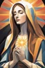 Placeholder: A stylized portrait drawing of colored tiles of Mary the mother of Jesus with long hair, wearing a white veil and surrounded by a geometric halo of rays of light against a dark background- cubism style