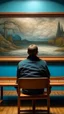 Placeholder: a rear view of a handicapped man sitting on a bench facing a a surrealism picture on the wall , show from the back