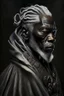 Placeholder: a photo of an African man with ethnic jewelry, grey hair and grey flowing robe, in style of Annie Leibovitz, contemporary portrait of a mature yet beautiful and modernist man, black and grey, detailed masculine face, swirling fluid smokey enigma, award-winning artwork