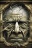 Placeholder: surrealis monochrome A fragmented, surreal sculpture liguid color of photorealistic image 3d,psychedelic art of an old man face glossy emerging from dreamlike a crumbling building. The face appears pale with deep cracks and intricate details, evoking a haunting expression. Blackened tree branches intertwine with the gold mengkilat cracks, set against a backdrop of stormy, cloud-filled skies. bauhaus art The overall tone is dark and moody, suggesting themes of decay and transformation. Include