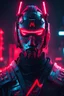 Placeholder: Cyberpunk samurai wearing a face mask with the letter "m" above his head red neon light.