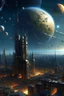 Placeholder: (masterpiece), best quality, galaxy, meteorites, space, beautiful futuristic skyscraper domed city , sun, planets, stars, fractured planet,
