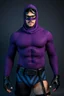 Placeholder: No cosplay, No cowls, exposed forehead, an extremely muscular, athletic man with a goatee, wearing a skintight, formfitting long-sleeved, textured matte purple jean suit, a skintight, formfitting textured matte purple rubber cowl with widows oeak that fits snuggly and leaves his whole face exposed, black and blue diagonally striped brief trunks that are worn on the outside of the bodysuit, a thin black leather eye disguise, black wrist gauntlets, a double holstered pistol belt with leg straps
