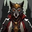 Placeholder: a wolf-like tabaxi in necromancer clothes with heterochromia gold and red eyes baldurs gate