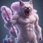 Placeholder: Muscular cotton candy werewolf made of candies and lollipops, sharp teeth, monstrous face, staring at you, drool dripping from its mouth