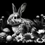 Placeholder: a beautiful rabbit between clear seeds and big flowers black background .black and white colors. for coloring . with grayscale