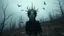 Placeholder: close in center weird crepy bird creature and and far away on sky different small dark crepy birds surreal thriller vibe trees in alternative surreal barren, dry, gloomy world, nightmare in abyss, deep vortex, black, gray, purple, brown, silver, dark red colors, surreal, weird dark fantasy, deep dark colors, sharp lines, crepy stunning, high detalied, weird, fog, shadows, realistic, surreal, highly detailed, melancholic thriller mood